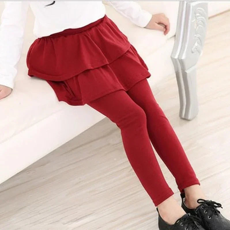 Girls Skirted Leggings - Cotton-Blend Ruffled Cake Skirt Pants for Ages 3–11 (Spring/Autumn)