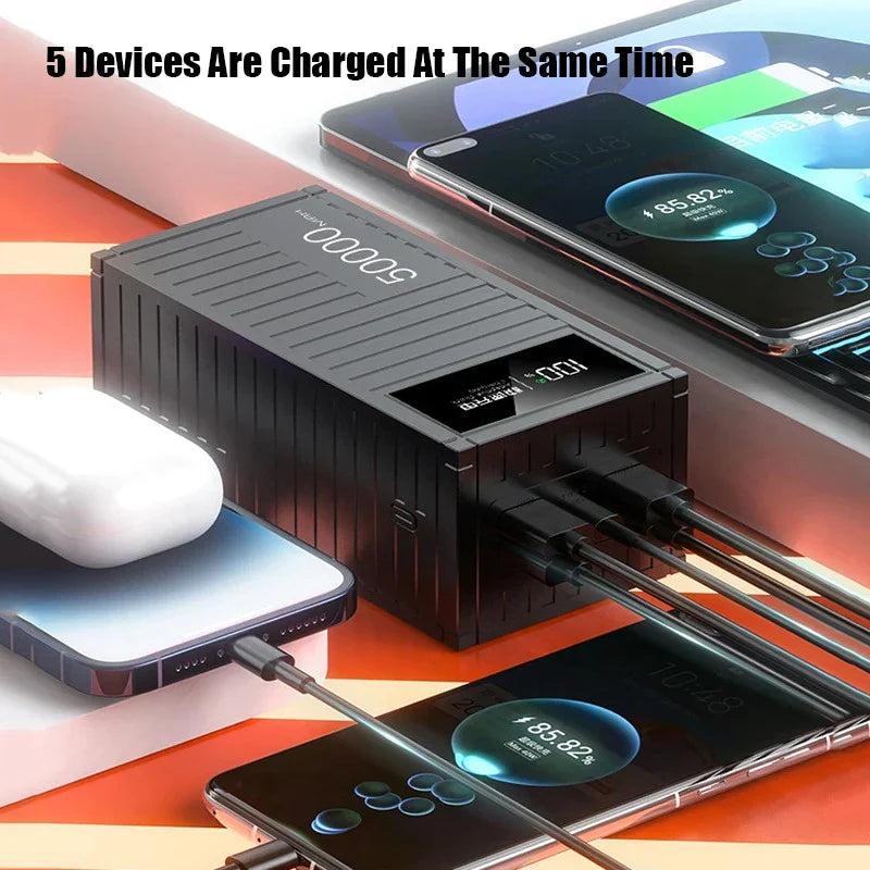 50000mAh 6-Port Power Bank 65W Fast Charge USB-C PD, 4x USB-A & Micro-USB, LED Display