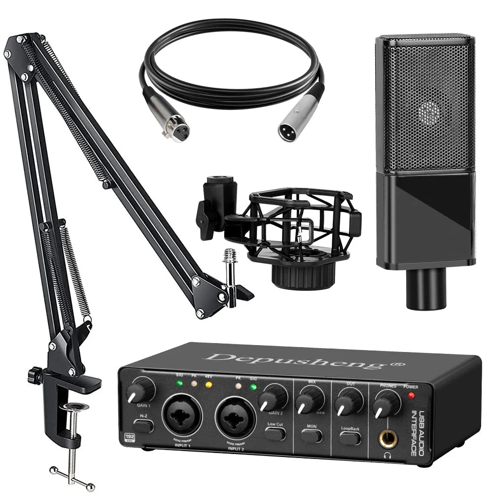 USB Audio Interface 2-In/2-Out with 48V Phantom Power — Low-Latency Recording & Live Monitoring for Guitar, Vocals, Podcasting