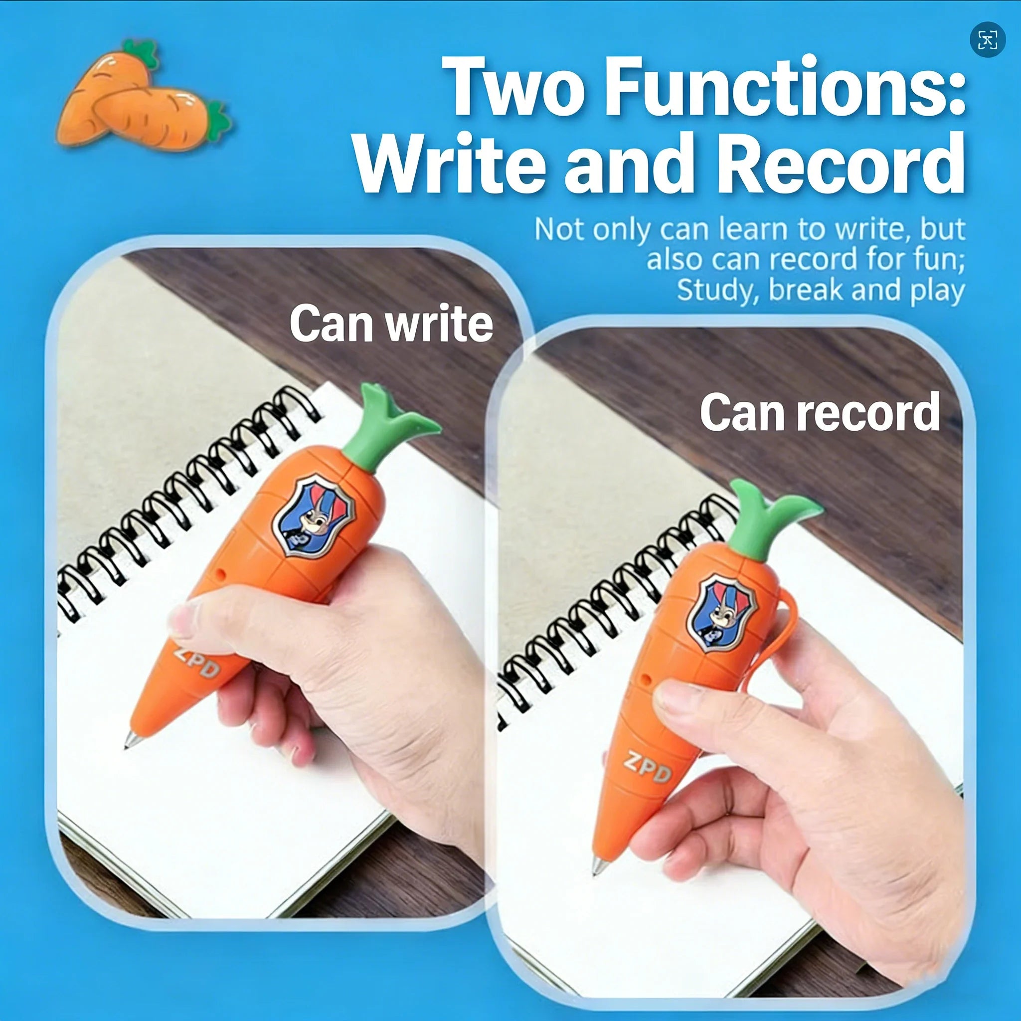 Carrot Mini Recorder 2-in-1 Gel Pen for Kids, Bunny & Fox Character Style, 60s Mini Flute Stationery