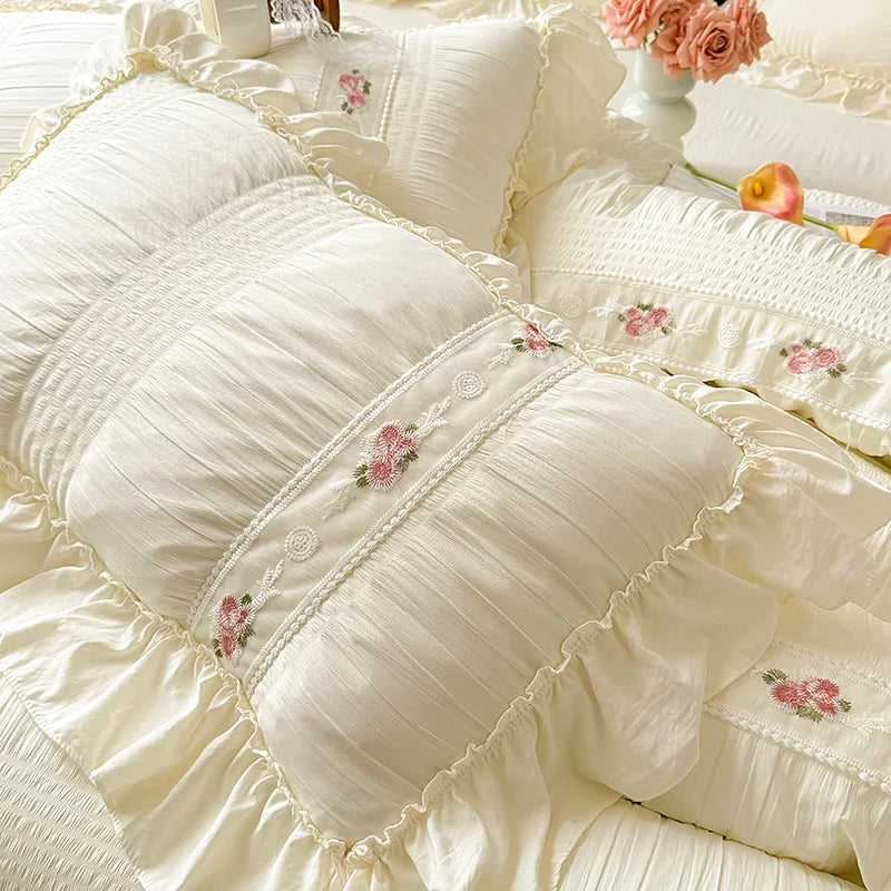 Princess Lace Ruffle Washed Cotton Duvet Cover Set - Seersucker Soft Bedding, 3/4-Piece (Single, Queen, King)