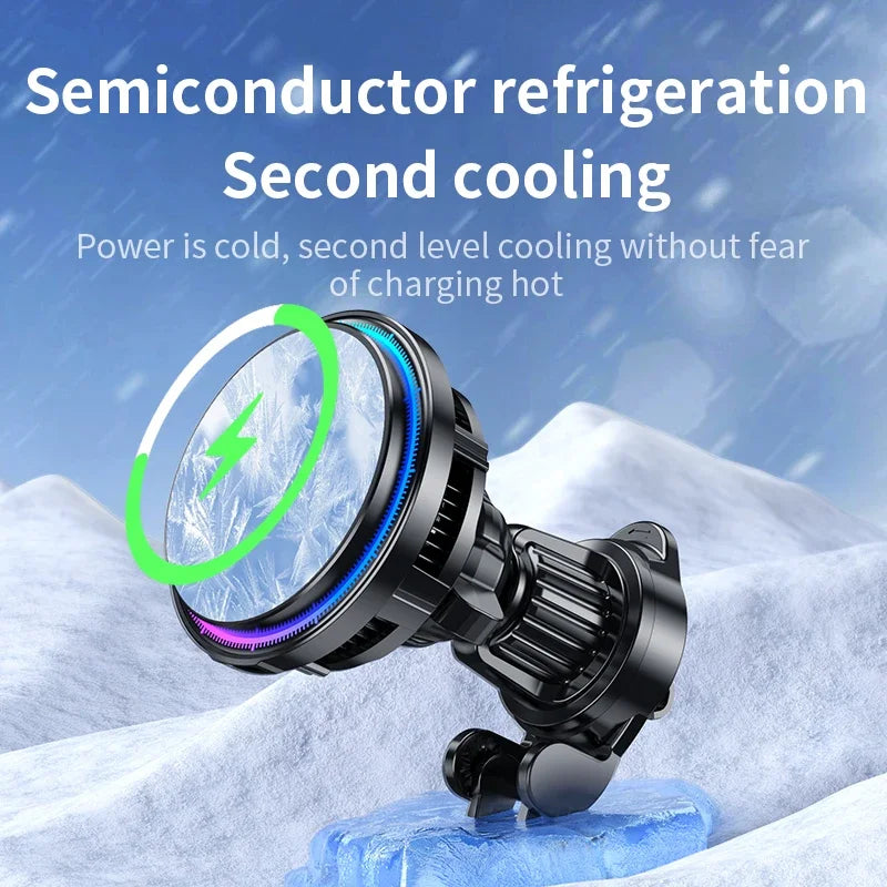 Ice Cooling Magnetic Wireless Car Charger 15W – MagSafe-Compatible Fast Charge Car Phone Holder with Cooling Fan & RGB LED