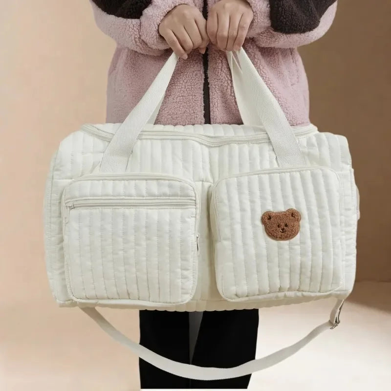 Bear Embroidery Diaper Bag - Beige Cotton Mommy Bag, 48 x 22 x 26 cm (18.9 x 8.7 x 10.2 in), Zippered Messenger Baby Bag