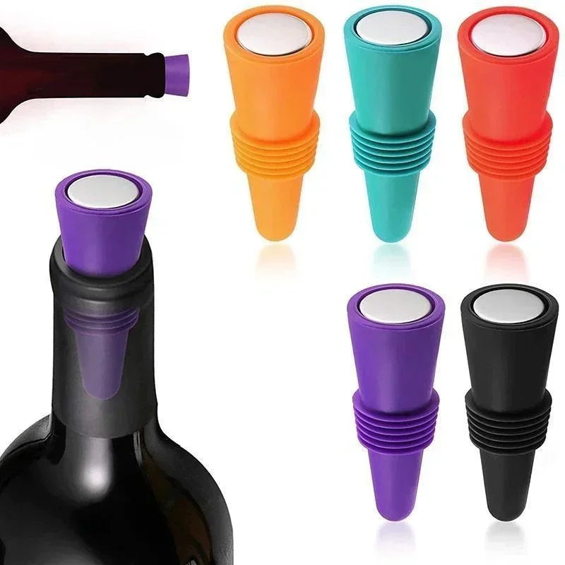 Silicone Wine Bottle Stopper with Stainless Steel Top - Leakproof Reusable Champagne & Beverage Sealer