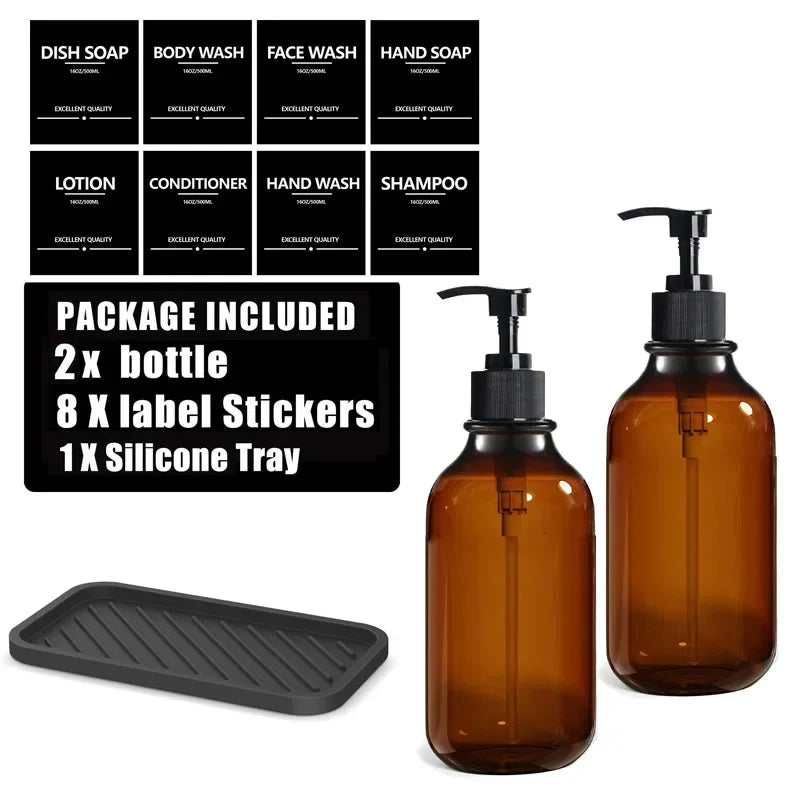 500ml (16.9 fl oz) Amber Refillable Pump Bottle Set with Black Label Stickers - Shampoo, Shower Gel & Liquid Soap Dispensers for Bathroom & Kitchen