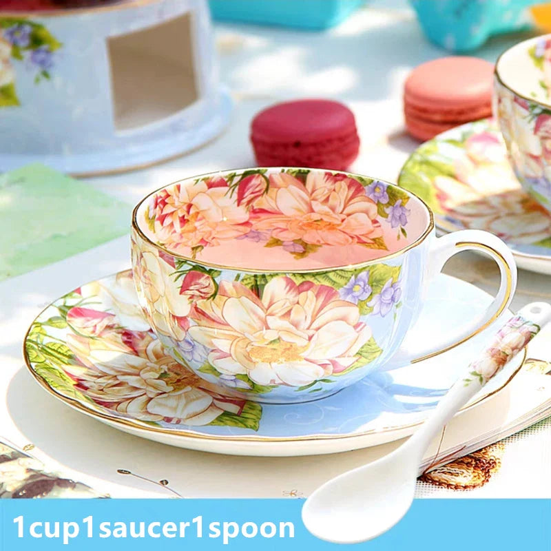 Bone China Afternoon Tea Cup Set with Saucer & Spoon — 200–210ml (6.8–7.1 fl oz) Teacup for Home, Office & Cafe Gift