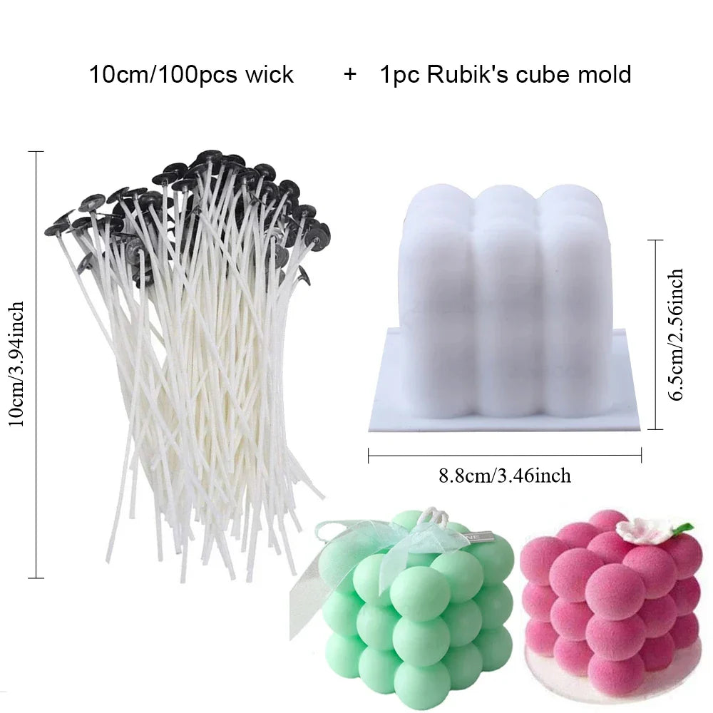 Pre-Waxed Cotton Candle Wicks 100-Pack (2.6–20 cm / 1.0–7.9 in) with Metal Bases, Adhesive Stickers & Holders — DIY Candle Making Kit