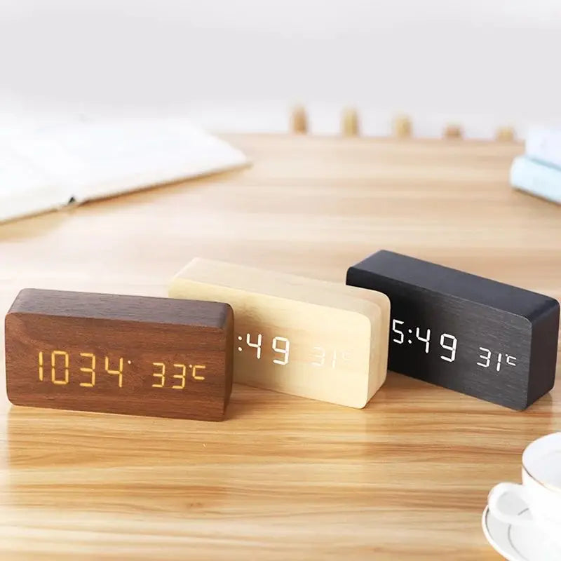 Wooden LED Digital Alarm Clock with Temperature Display — 3 Alarms & Adjustable Brightness, USB Bedside Desk Clock