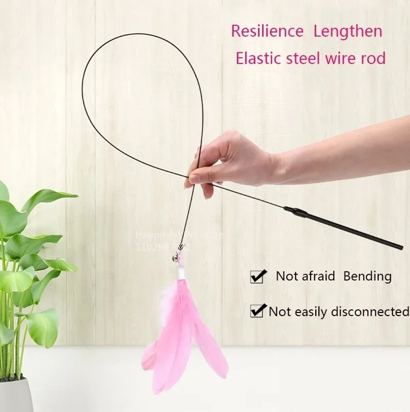 Interactive Cat Feather Teaser Wand with Bell, Extendable Rod, Suction Cup & Replaceable Feather Head