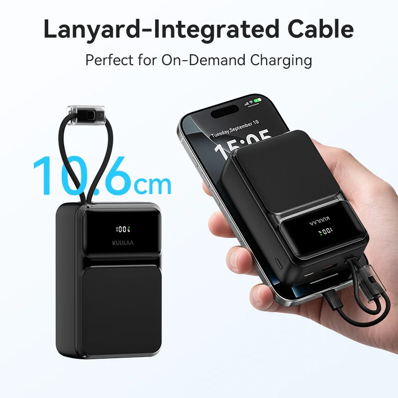 30000mAh 22.5W Portable Power Bank with Built-in Cables — Fast Charger USB-C & USB-A, 4-Device Portable Charger