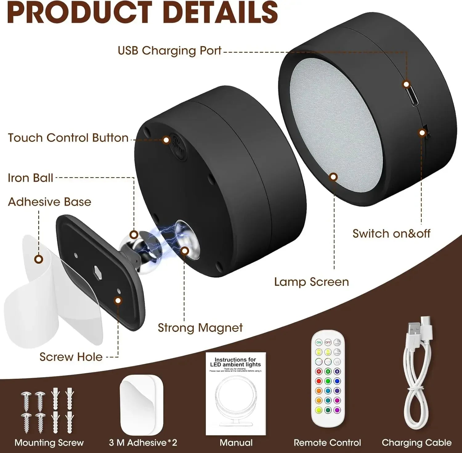 Rechargeable LED Magnetic Picture Light Dimmable 360° Rotating Touch Remote Wall Cabinet Night Lamp