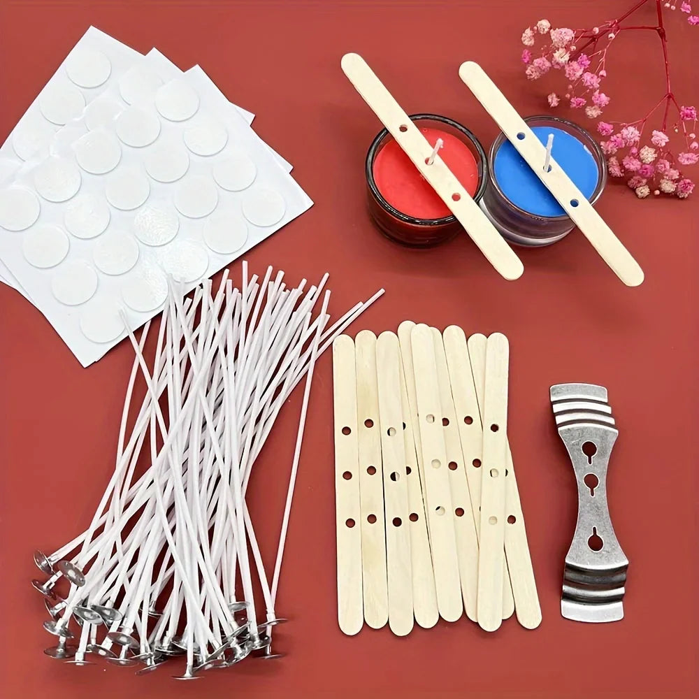 Candle Making Wicks Kit – 50 Waxed Cotton Wicks with Metal Sustainers + 60 Self-Adhesive Wick Stickers (110 pcs)