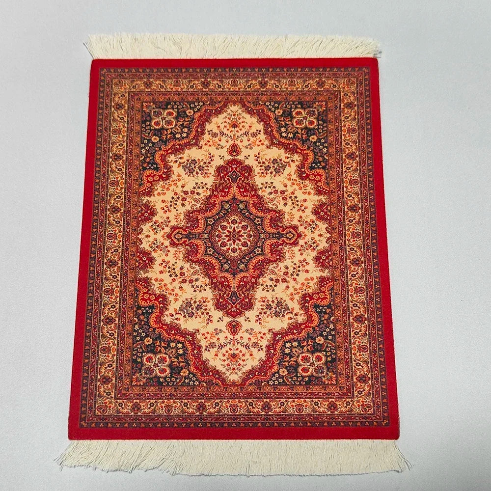 Woven Persian Flower Mouse Pad 9.1 x 7.1 in (23 x 18 cm) Non-Slip Rubber Desk Mat with Fringe — Retro Style