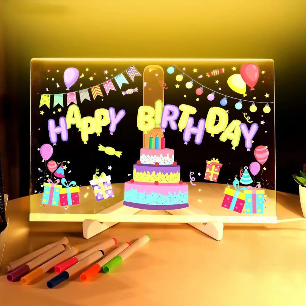 USB LED Acrylic Message Board Night Light with 7 Color Marker Pens — Rewritable Glowing Writing & Drawing Board for Home, Office & School