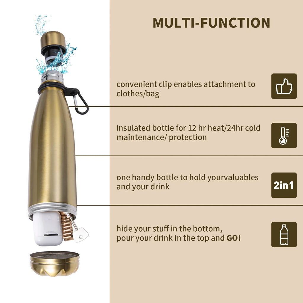 Stainless Steel Diversion Water Bottle Safe with Hidden Compartment for Keys, Cash and Valuables