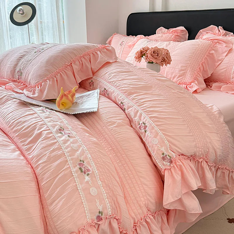 Princess Lace Ruffle Washed Cotton Duvet Cover Set - Seersucker Soft Bedding, 3/4-Piece (Single, Queen, King)