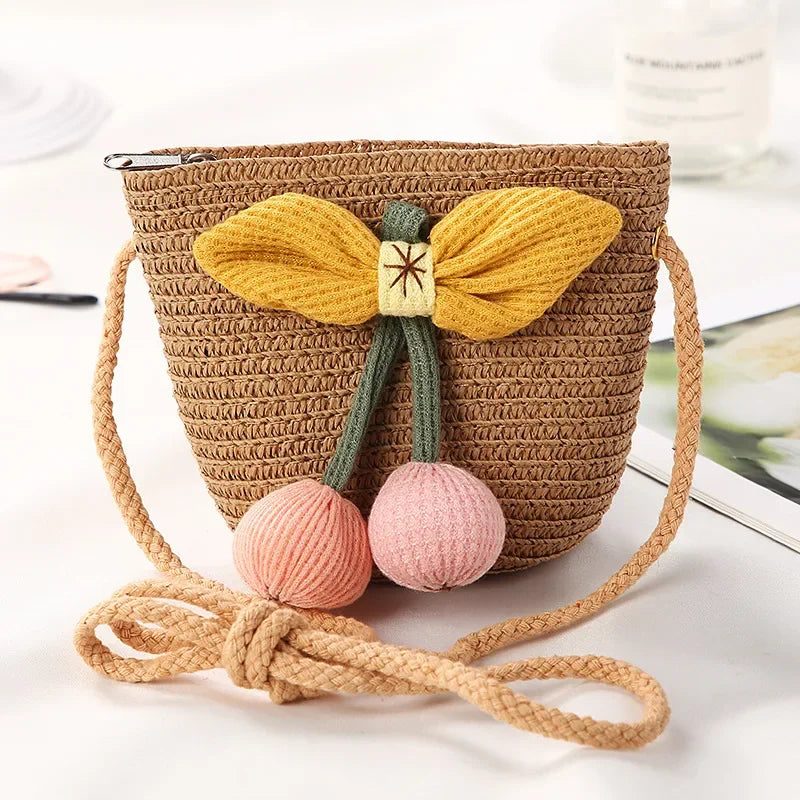 Girls Daisy Straw Mini Messenger Bag, Kids Shoulder Handbag with Coin Purse