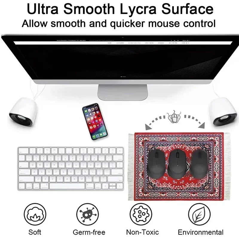 Woven Persian Flower Mouse Pad 9.1 x 7.1 in (23 x 18 cm) Non-Slip Rubber Desk Mat with Fringe — Retro Style