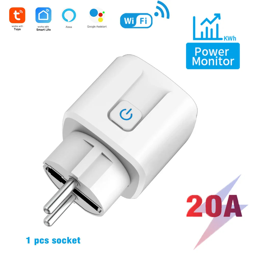 Smart WiFi Dual Outlet Wall Socket 16A/20A – Voice Control with Google & Alexa, Timer & Energy Monitoring (EU Plug)
