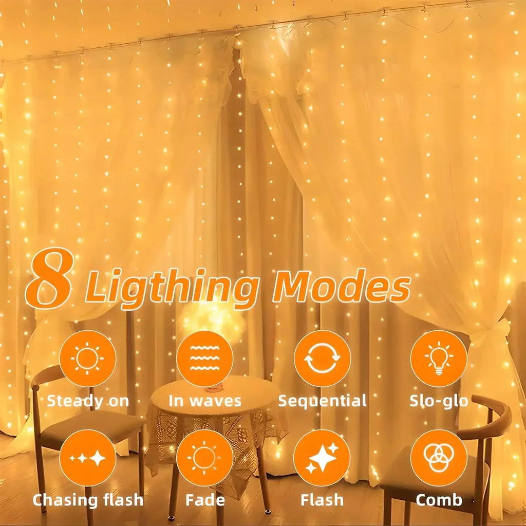 Solar-Powered Outdoor Waterproof Curtain String Lights - 300 LED Fairy Garland 9.8 x 9.8 ft (3 x 3 m) Warm White
