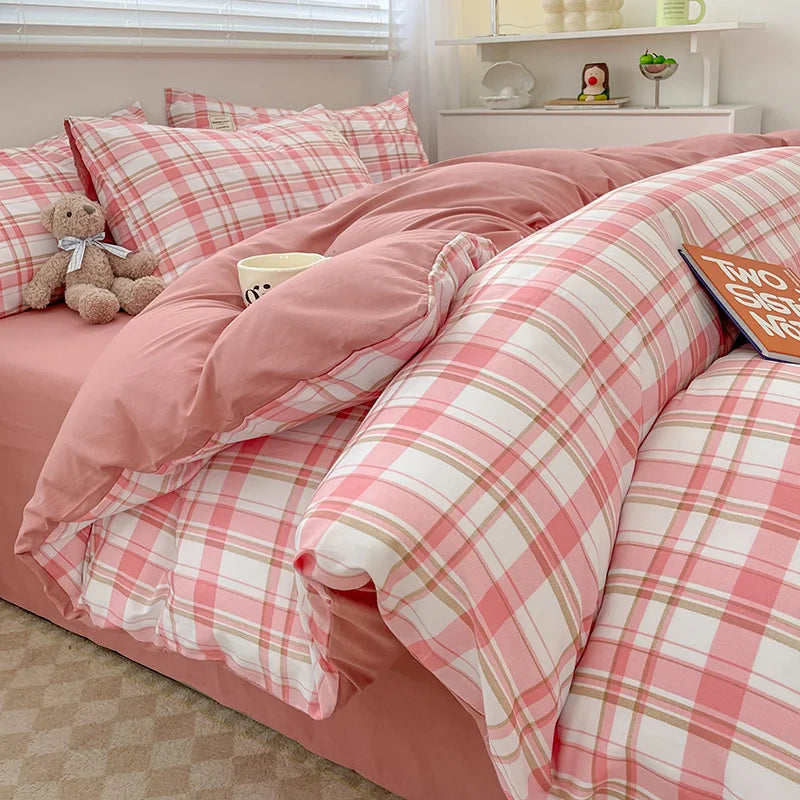 Nordic Plaid Washed Cotton Bedding Set - Duvet Cover + Pillowcases & Flat Sheet - Twin/Full/Queen/King