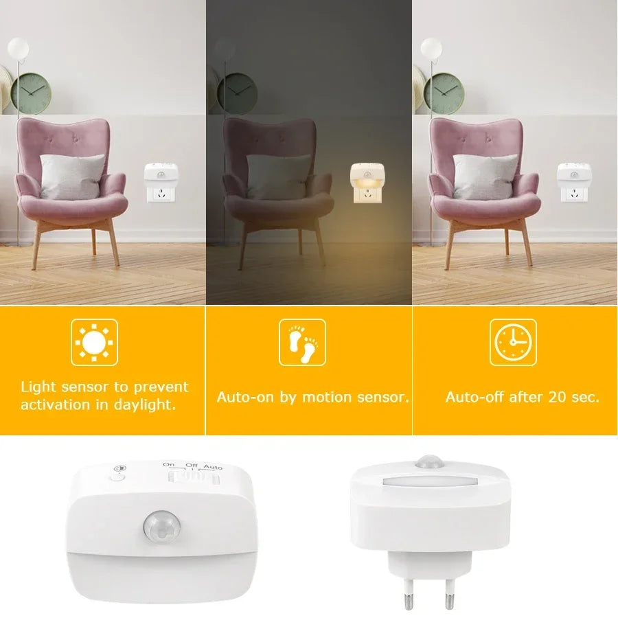 Plug-In Motion Sensor Night Light with Dusk-to-Dawn Sensor — Mini LED Nightlight for Bathroom, Hallway & Bedroom (EU/US Plug)