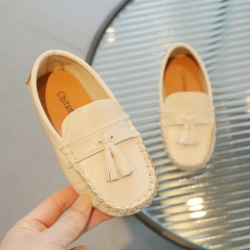 Kids Moccasin Loafers Slip-On Tassel Non-Slip PU Leather Flats for Boys and Girls (Ages 7-12)