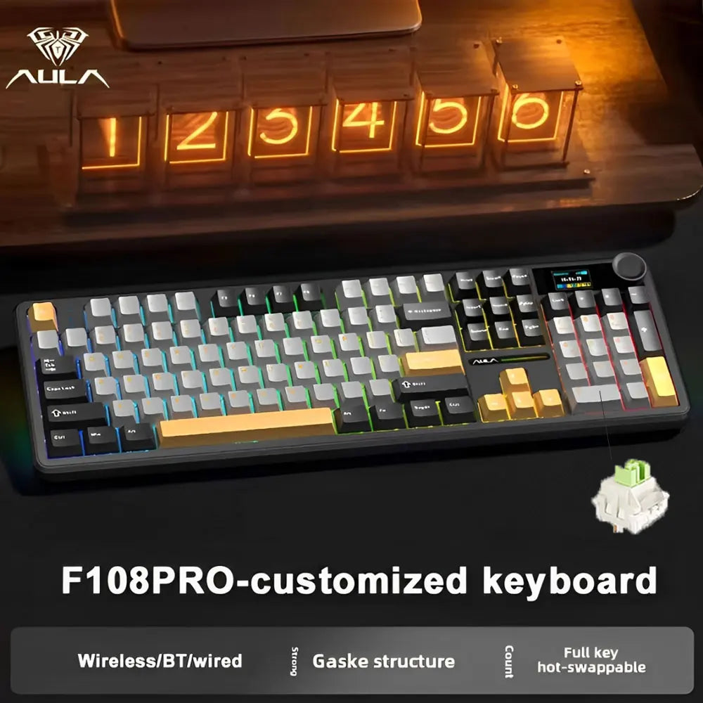 Mechanical Gaming Keyboard — Tri-Mode Bluetooth/2.4G/Wired, Hot-Swappable 108-Key, RGB, 1.14" (29 mm) TFT Smart Display, Multi-Function Knob, 8000mAh Battery, PBT Keycaps