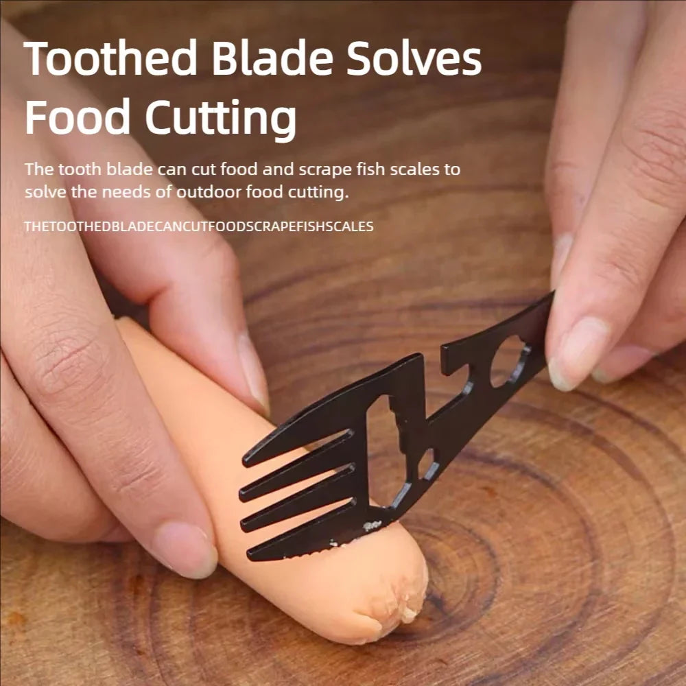 Lightweight Pocket Multifunctional Camping Utensil Stainless Steel Fork & Spoon with Bottle Opener and Wrench