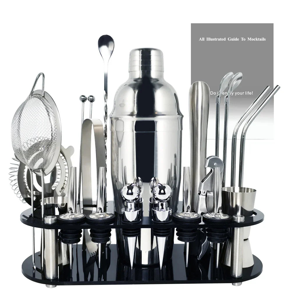 13-22 Piece Cocktail Shaker Bar Set – Stainless Steel Bartender Kit with 750ml/600ml Shaker, Jiggers, Strainer, Pourers & Acrylic Rack