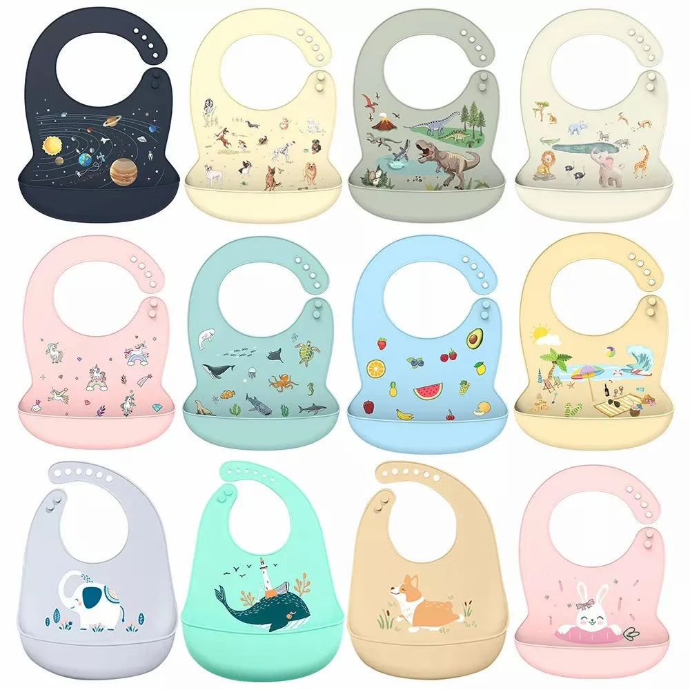 Silicone Baby Bib Waterproof Adjustable Cartoon Banana Feeding Bib with Pocket BPA-Free for 1-3 Years