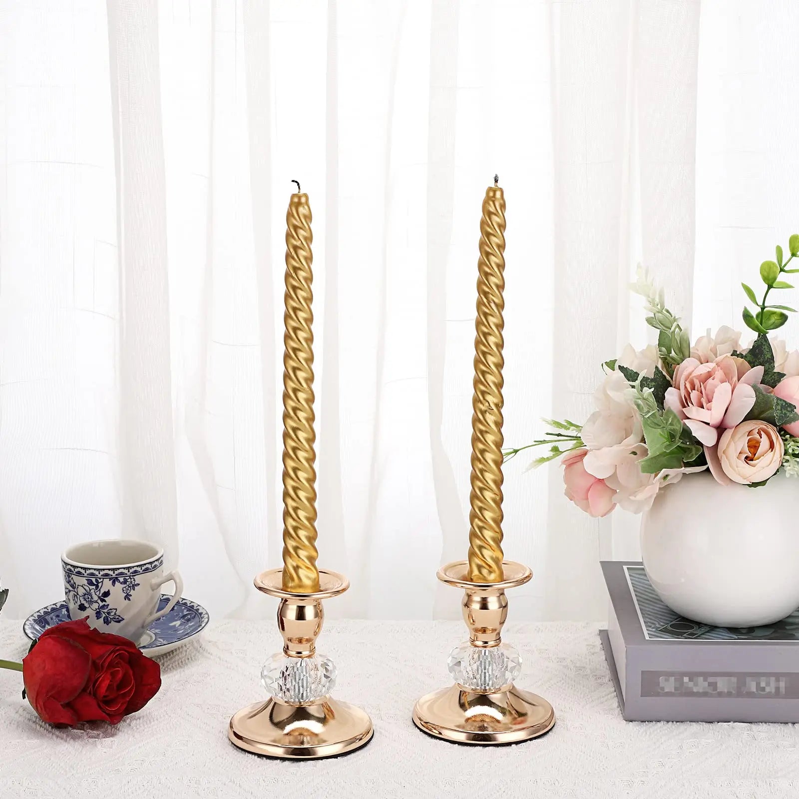 2-Pack Gold Metal Taper Candle Holders 3.5 in (9 cm) H - Vintage Brass Candlesticks for Wedding & Home Decor