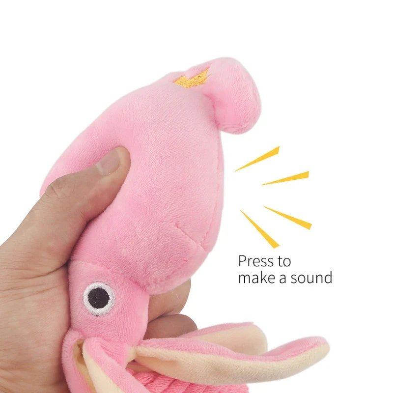 Octopus Plush Dog Chew Toy with Squeaker & Rope — Small Pink 13.4 x 3.5 in (34 x 9 cm) — Dental Cleaning Toy for Dogs & Cats