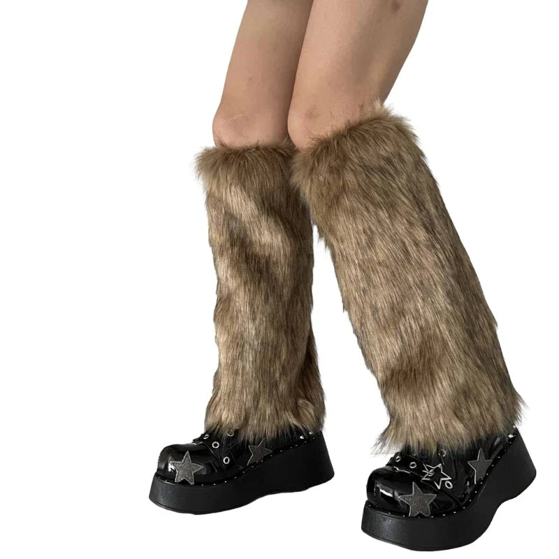 Faux Fur Leg Warmers Knee-High Boot Covers – Plush Y2K Goth Punk Warm Socks