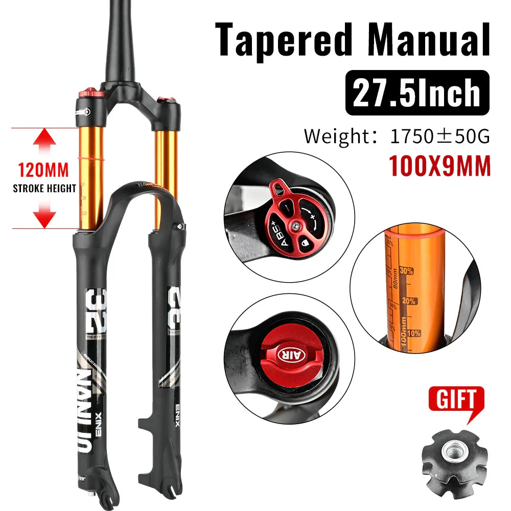 MTB Suspension Fork – Solo Air & Oil Damping, Quick Lockout, Magnesium Alloy, Disc Brake Compatible, Fits 26/27.5/29 in Wheels (Straight or Tapered Steerer)