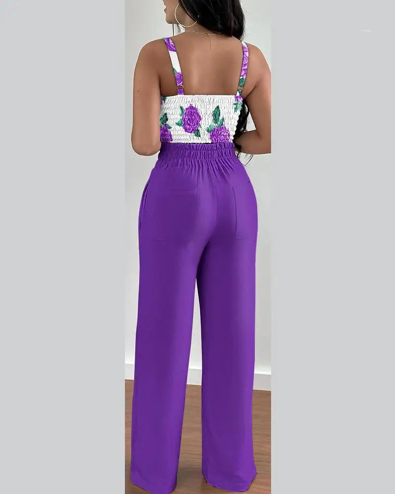 2 Piece Outfits For Women 2025 Sexy V-Neck Strap Shirred Slim Crop Top & Lace-up Wide Leg Pants Sets Elegant Office Lady Suit