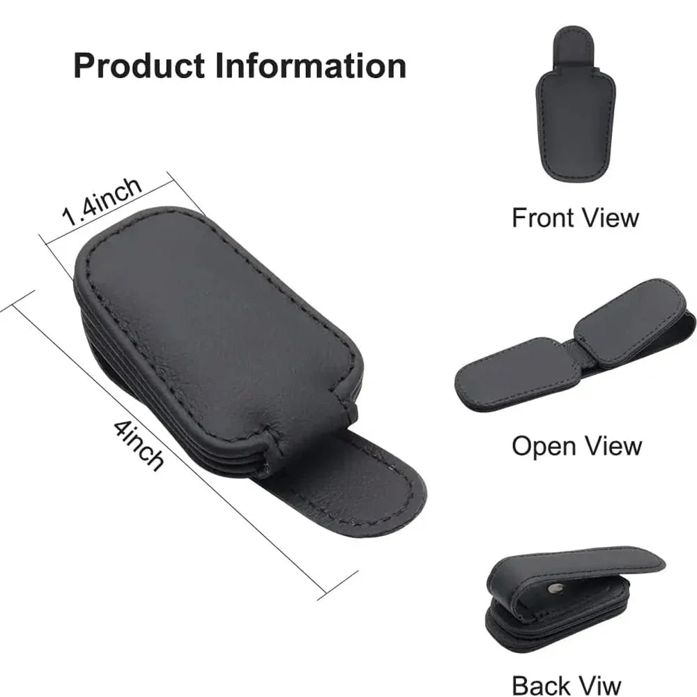 Universal Magnetic Car Sunglasses Holder – Foldable Leather Sun Visor Glasses & Card Ticket Clip