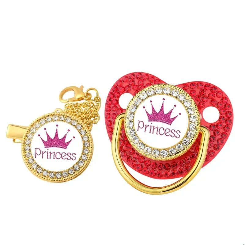 Rhinestone Pacifier Clip with Lid Silicone Newborn Pacifier Holder Princess Crown Bling Infant Shower Gift