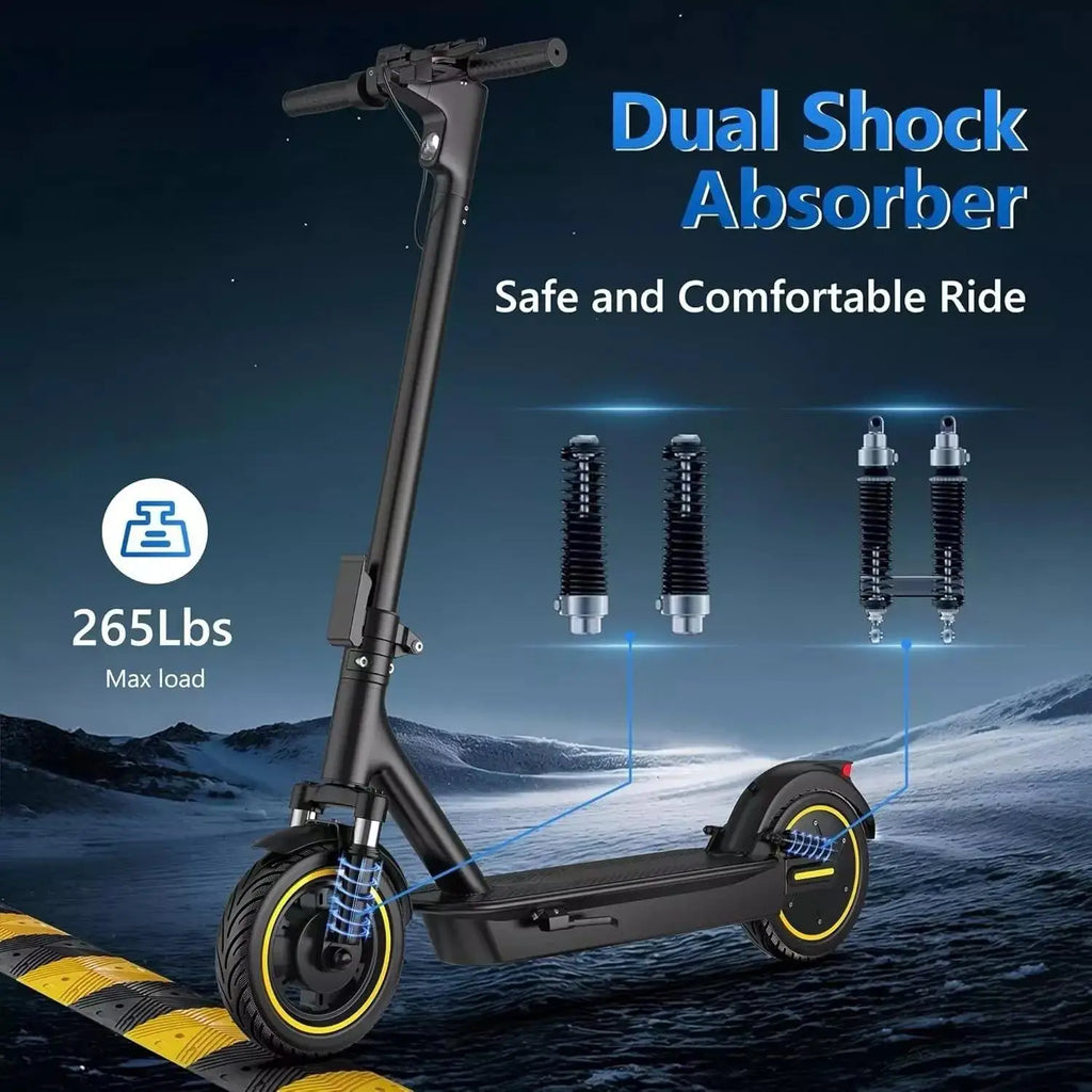 Folding Electric Scooter – 10-Inch Tires (25 cm), 500W Motor, 42V 14.5Ah Battery, 22 MPH (35 km/h) Top Speed, 28 Mile (45 km) Range, Dual Suspension