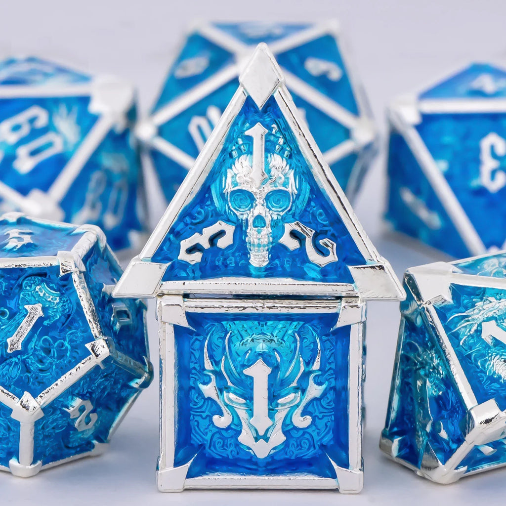 Skull and Dragon Metal Dice Set - 7-Piece Polyhedral DnD Dice for Dungeons & Dragons Tabletop RPG