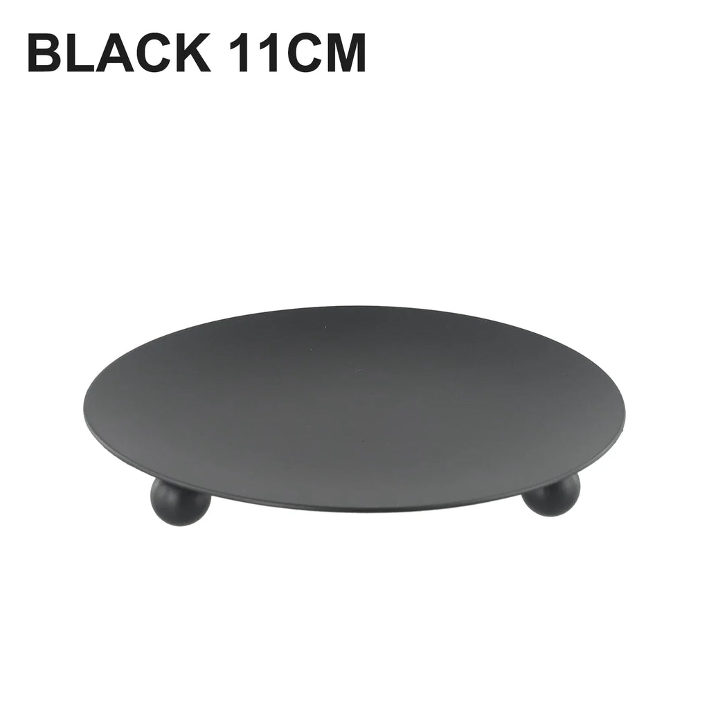 Round Iron Candle Plate Holder — Rust-Resistant Metal Pedestal for Pillar, Ball & Votive Candles, Gold or Black, Small 2.8×2.8×0.6 in (7×7×1.5 cm) & Large 4.3×4.3×0.7 in (11×11×1.7 cm)