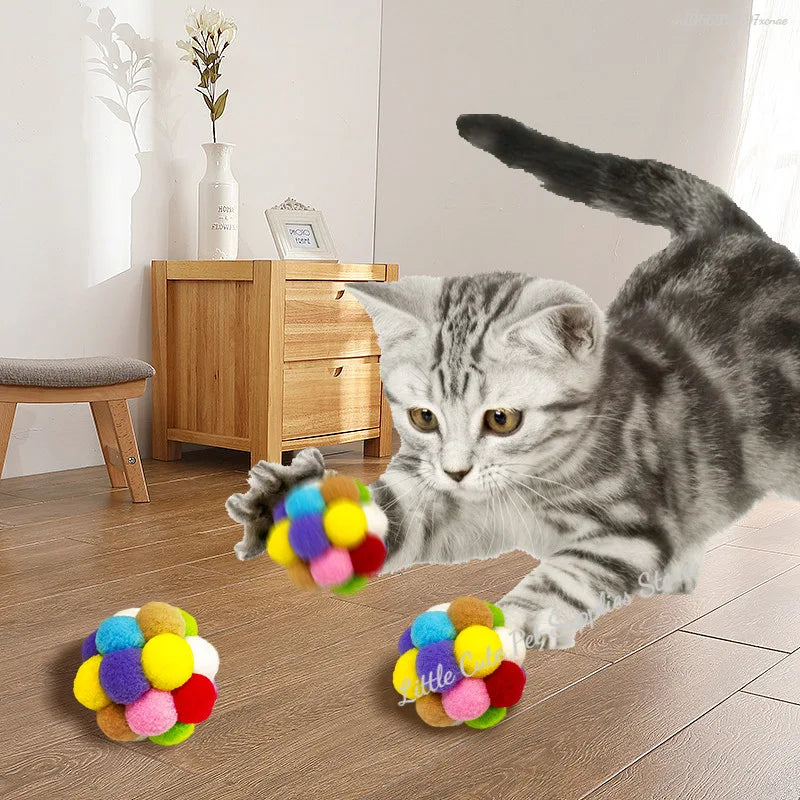 Pom Pom Cat Toys with Bells – Tinsel Sparkle Balls for Indoor Cats & Kittens, Interactive Plush Play
