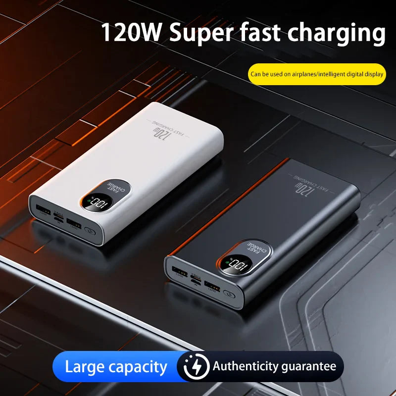 50000mAh 120W Portable Power Bank with Digital Display, Built-in Cables & Wireless Charging — Fast USB-C & Lightning