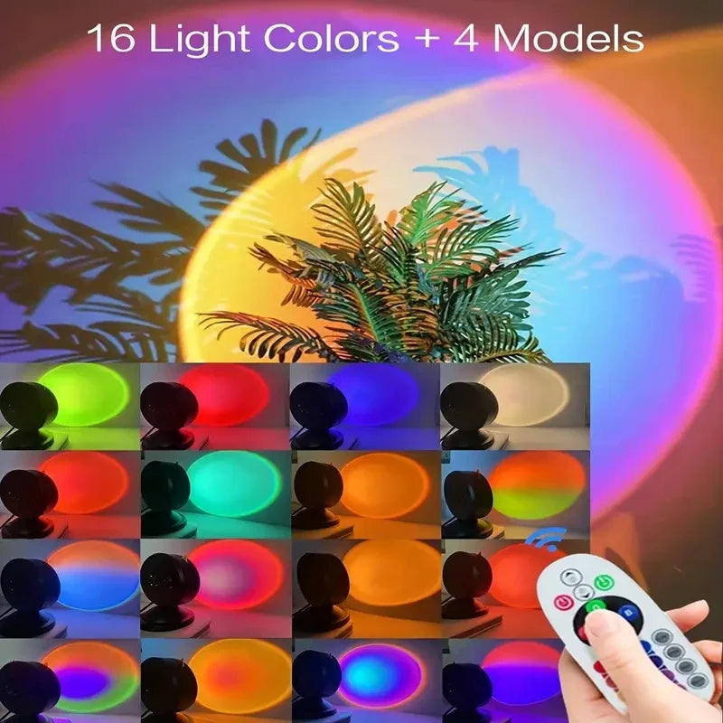 LED Sunset Projection Lamp with Remote — 16-Color USB Mood Light for Photography, Bedroom & Parties
