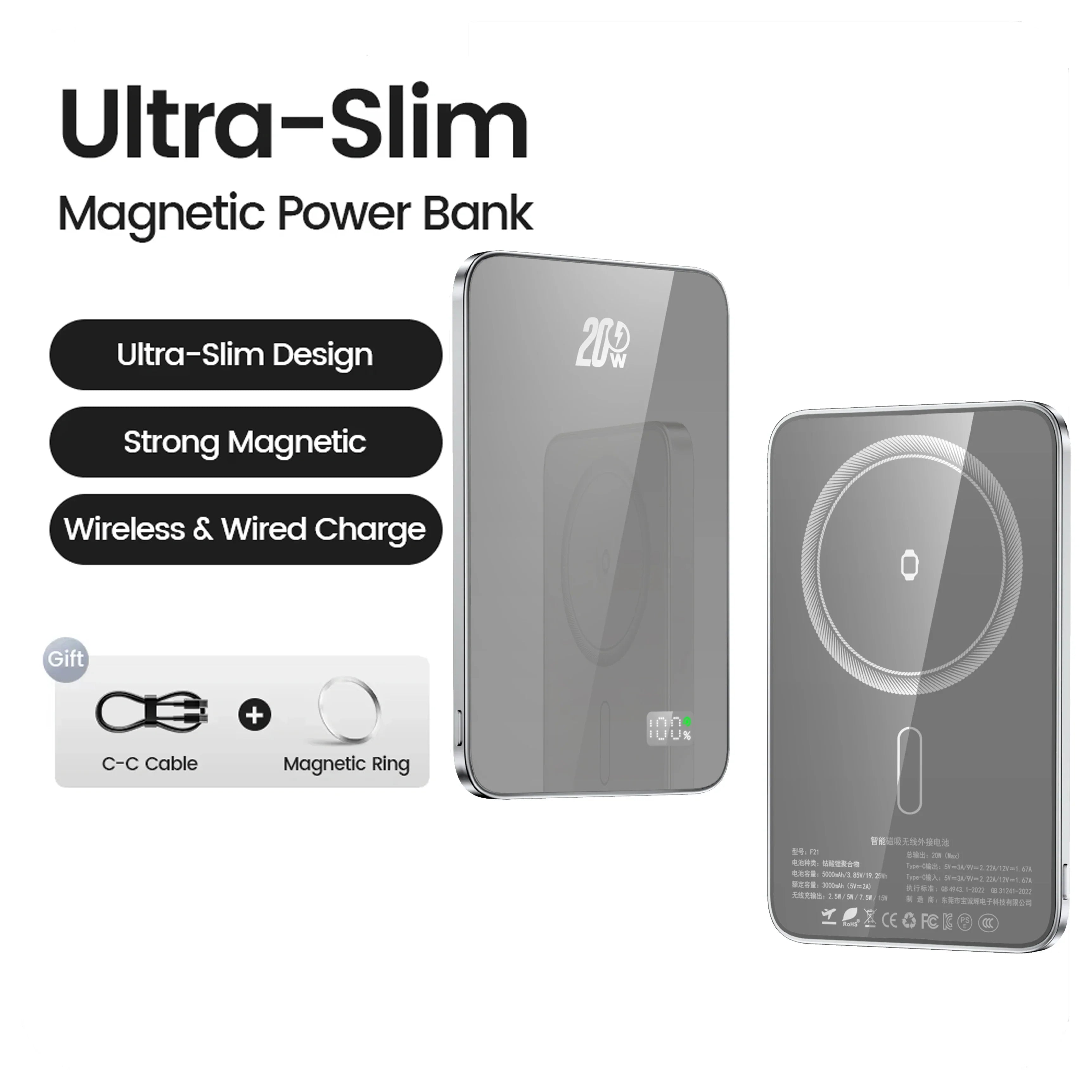 Magnetic 10,000mAh 20W Wireless Power Bank — MagSafe-Compatible Slim USB-C Portable Charger for iPhone, Apple Watch & Samsung
