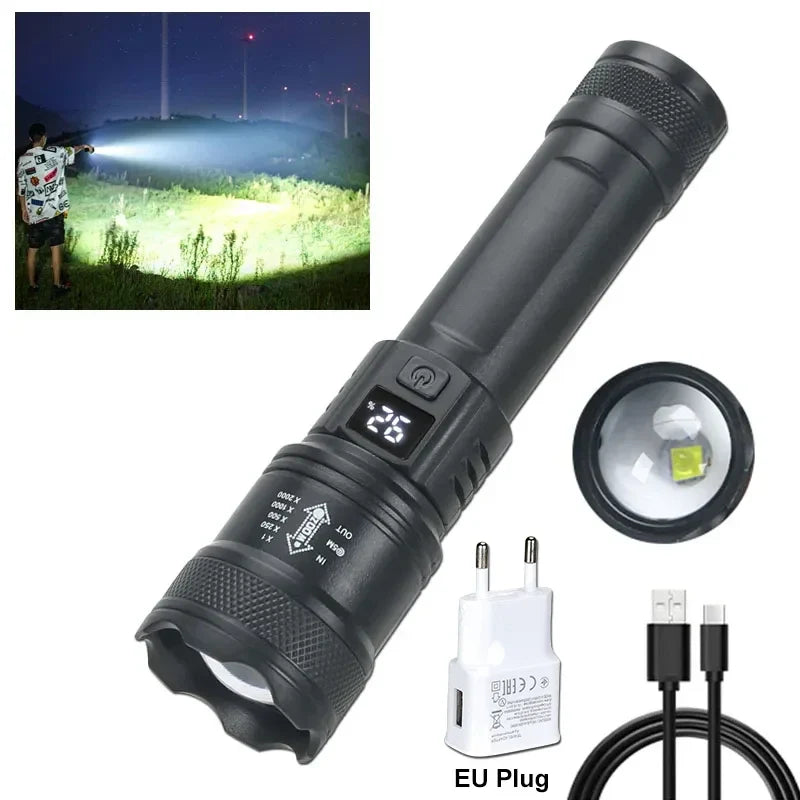 2000LM Tactical LED Flashlight with LCD Battery Display — USB-C Rechargeable Zoom Torch, IP67 Waterproof Power Bank for Camping & Emergency
