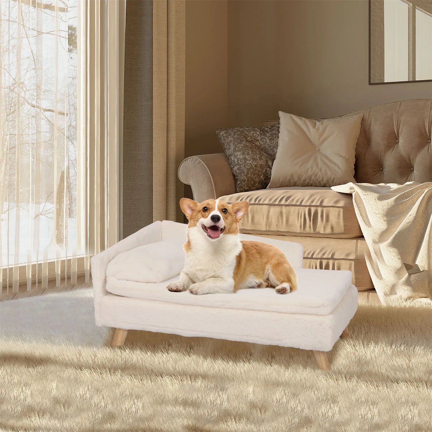 Elevated Nordic Pet Sofa Bed for Small Dogs & Kittens – Waterproof Plush Liner, Sturdy Wood Legs, Small & Large (27.5×15.7×15.3 in / 70×40×39 cm, 31.4×19.6×15.3 in / 80×50×39 cm)