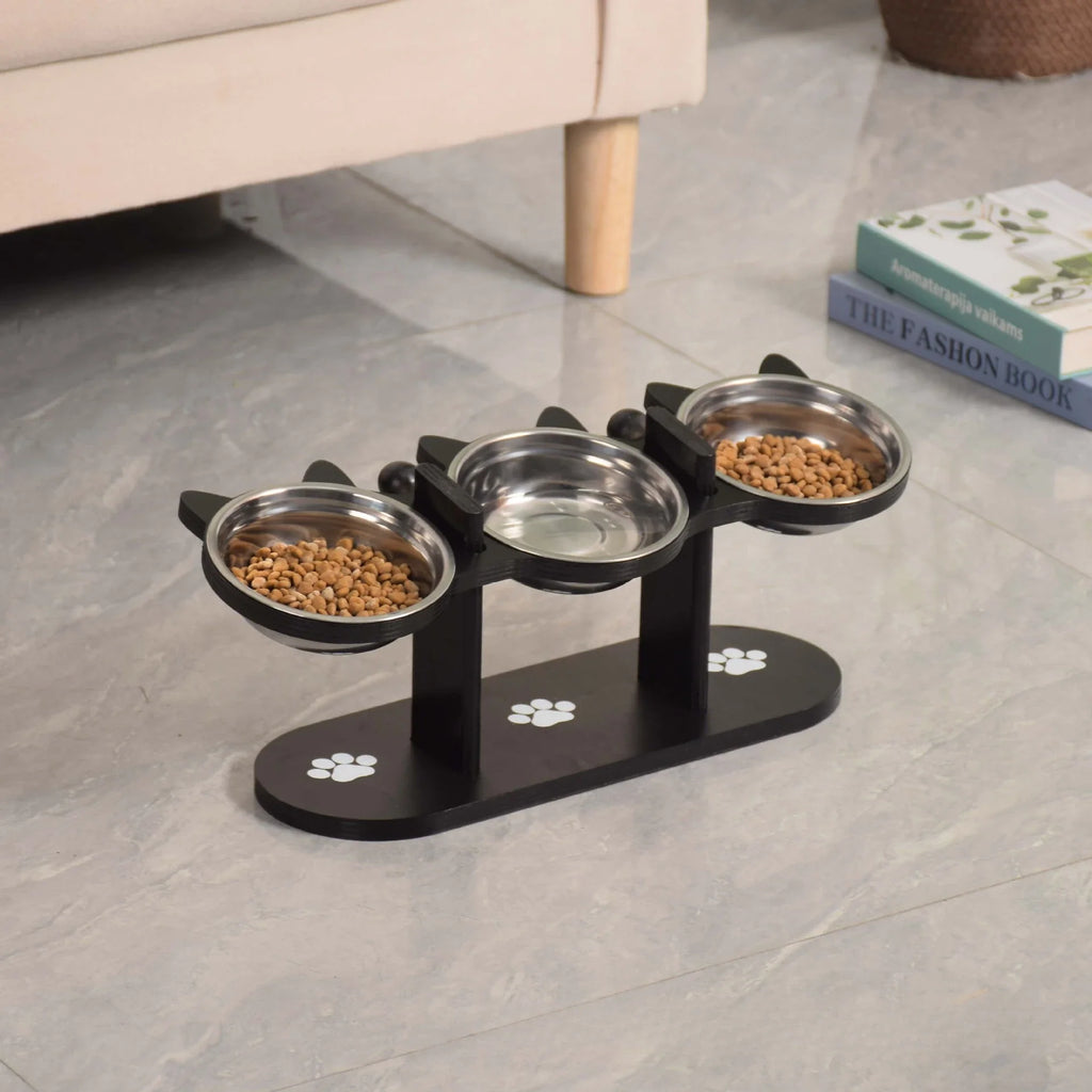 3-Tier Elevated Cat Feeder - Wood & Stainless Steel Adjustable 15-Degree Slanted Bowls, Removable Stands
