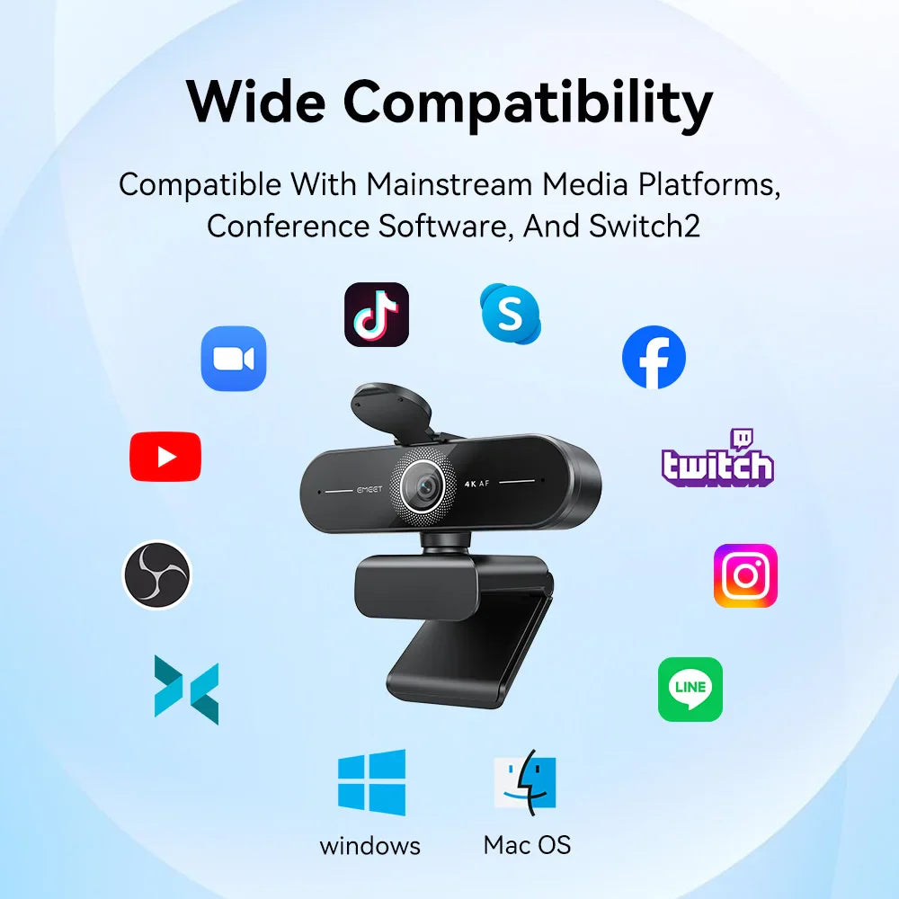 4K UHD USB Webcam — PDAF Autofocus, Dual Noise-Canceling Mics, Privacy Cover, 3840×2160 Web Camera for Zoom & Teams