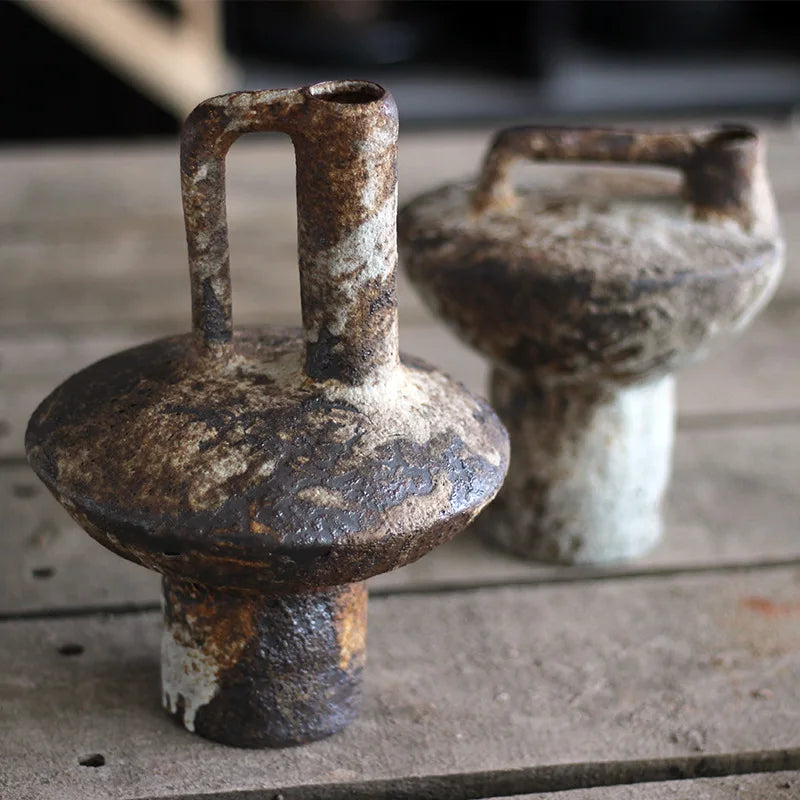Handmade Ceramic Tabletop Vase - Rough Pottery Wabi-Sabi Vintage Farmhouse Vase for Dried Flowers & Flower Arrangements